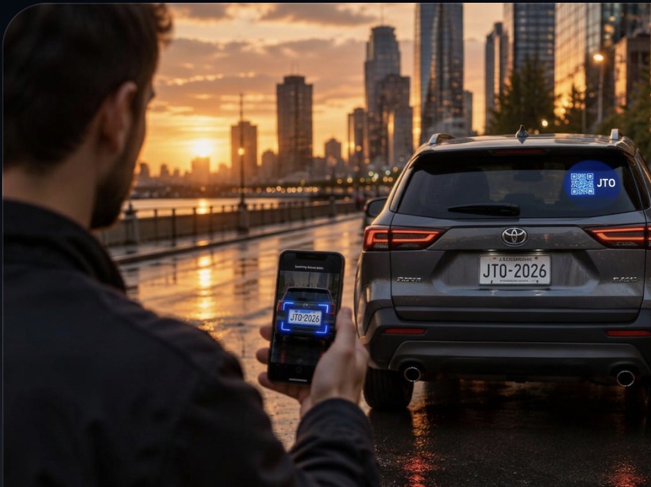 Un homme photographie un véhicule avec son téléphone dans une rue au coucher du soleil