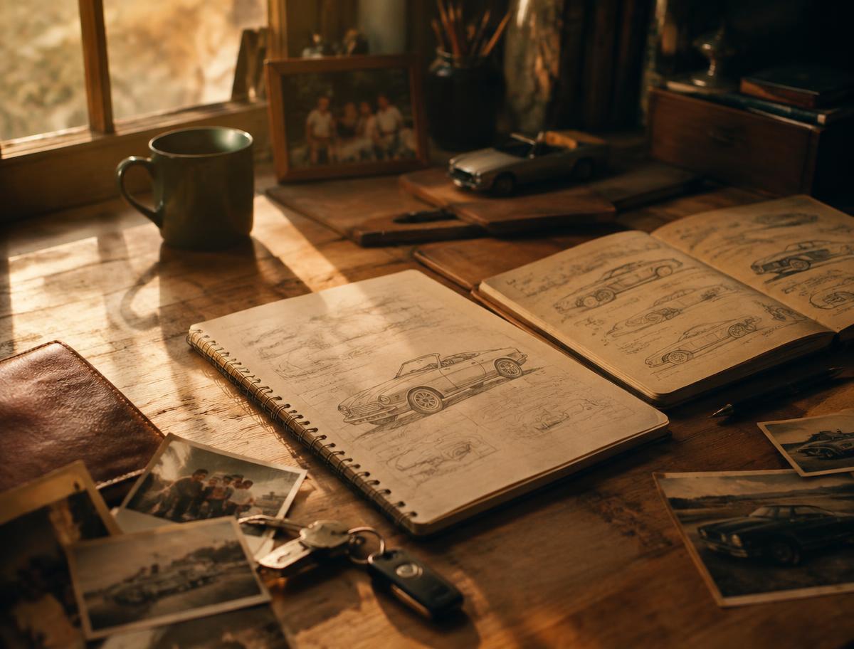 Carnets de croquis de voitures sur un bureau